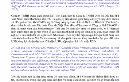 Thư chúc mừng Chủ tịch Hội đồng quản trị, Tổng Giám đốc PVChem nhân kỷ niệm 30 năm thành lập M-I Việt Nam